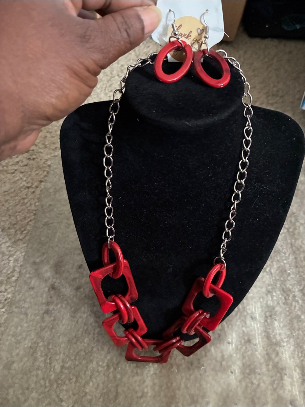 Fashion Jewelry Red Link Necklace with Matching Red Hoop Earrings